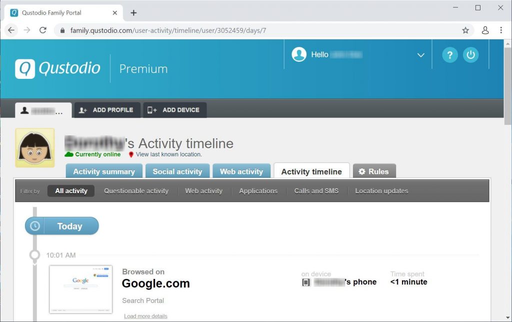 qustodio activity timeline