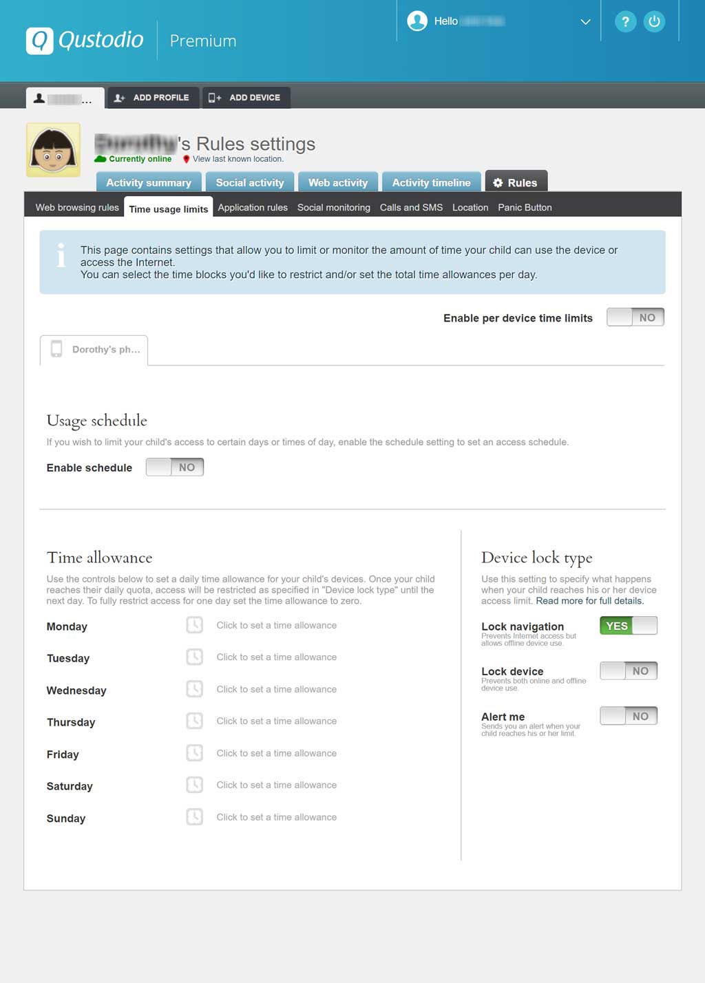qustodio time usage limits